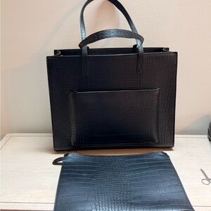 BEIS Black Croc-Embossed Tote Bag